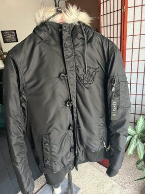 SikSilk Men's Black Hooded Bomber Jacket Faux Fur Trim Hood Quilted Lining S